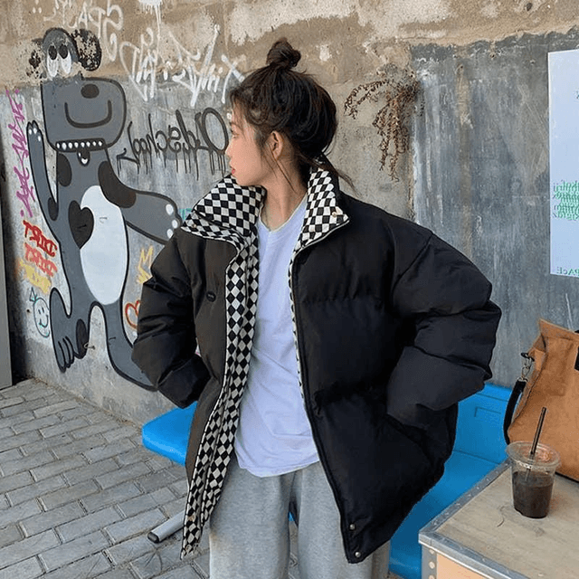 Puffy Winter Jacket With Check Lining